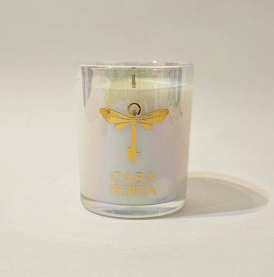 Vela artesanal de Gardenia en frasco de vidrio reciclable