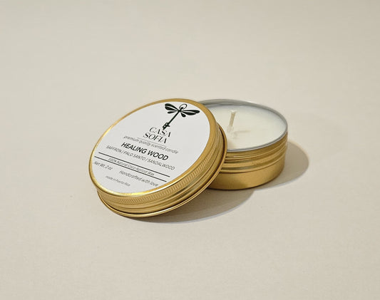 vela artesanal-healing wood-Saffron-Palo Santo-Sandalwood en frasco reciclable