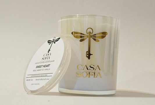 vela artesanal-sweet heart-rose-amaretto-vanilla en frasco de cristal reciclable