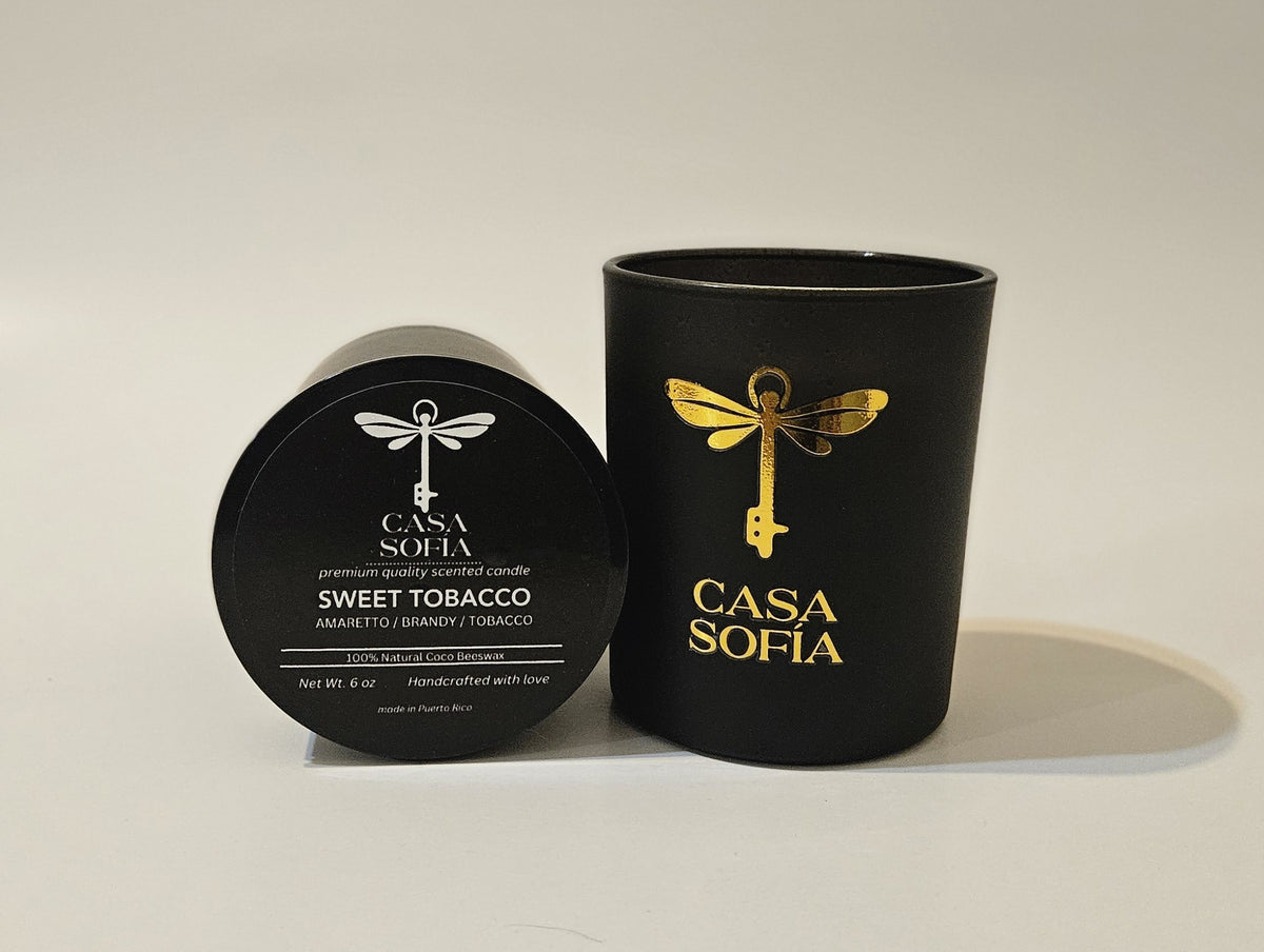 Vela Sweet Tobacco y tapa con etiqueta
