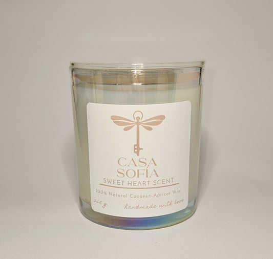 vela artesanal-sweet heart-rose-amaretto-vanilla en frasco de cristal reciclable