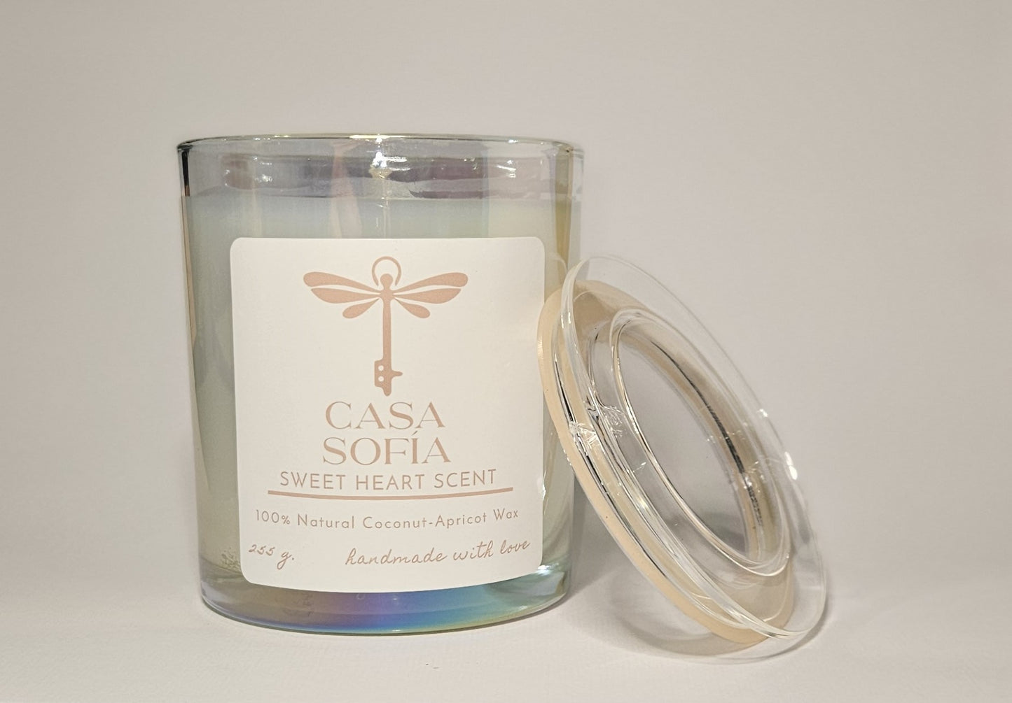 vela artesanal-sweet heart-rose-amaretto-vanilla en frasco de cristal reciclable