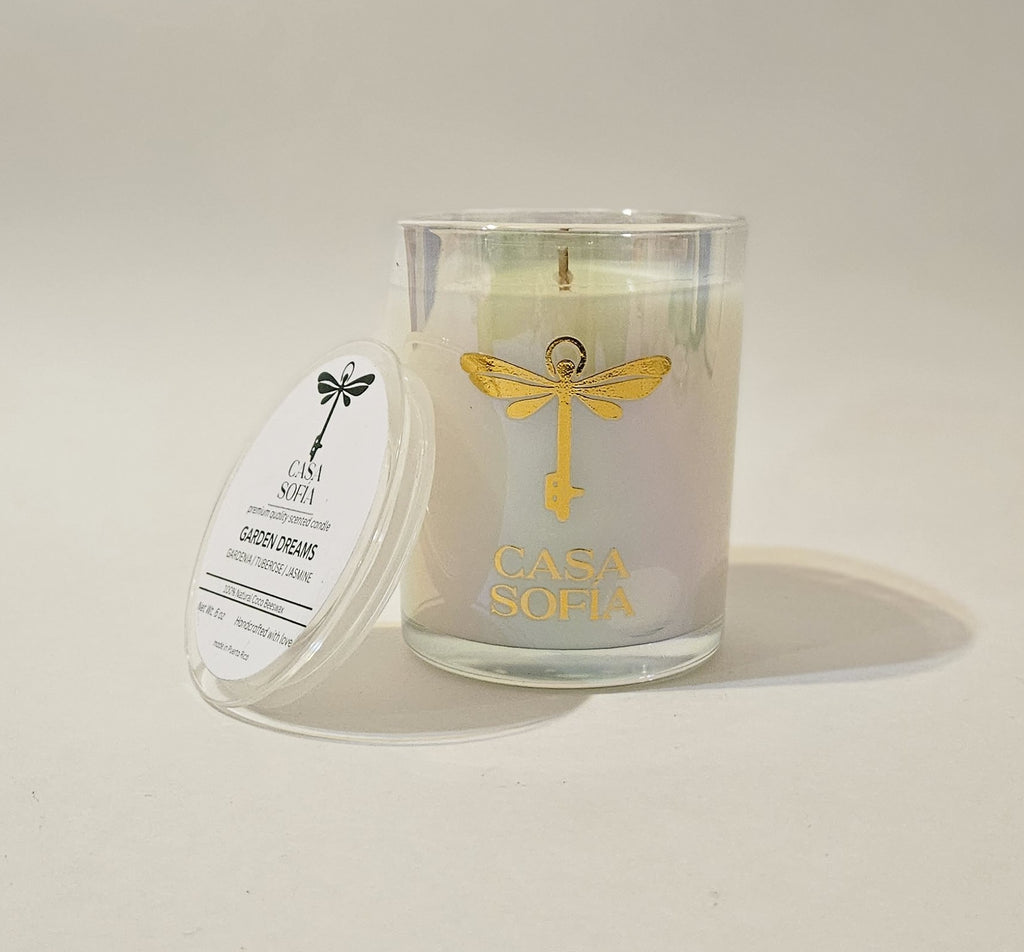 Vela artesanal de Gardenia en frasco de vidrio reciclable