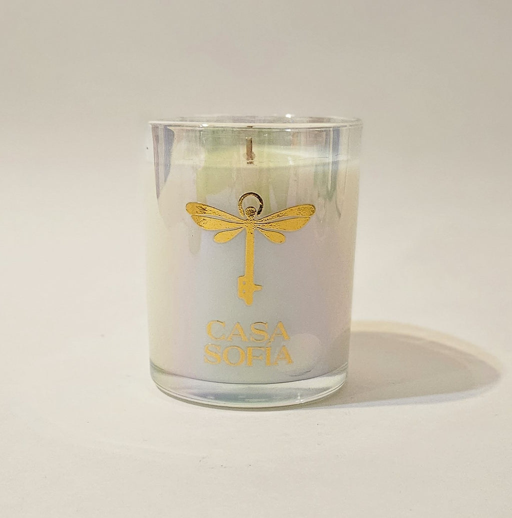 Vela artesanal de Gardenia en frasco de vidrio reciclable